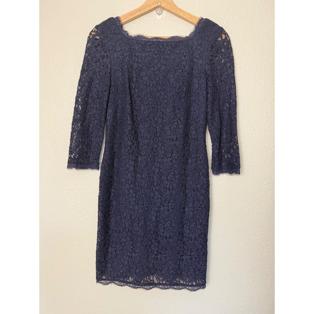Adrianna Papell Navy Blue Lace Sheath Dress 3/4 Sleeve Petite‎ 2P RN59782